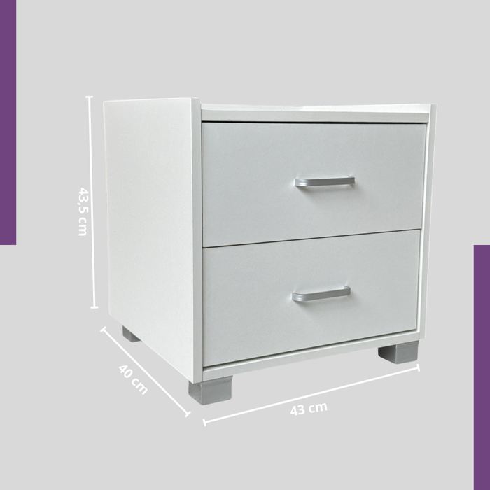 Comodino in Legno Melaminico con 2 Cassetti e Guide in Metallo, Maniglie in Alluminio Satinato