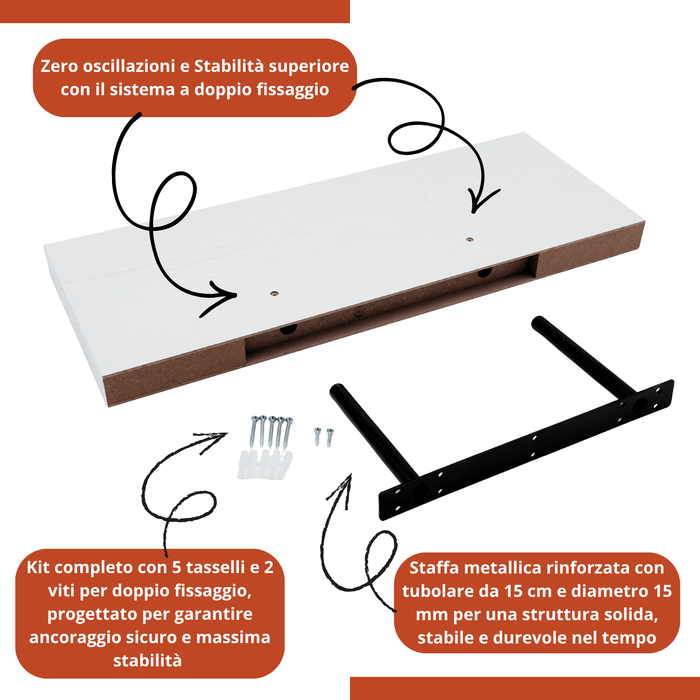 Mensola Sospesa da Muro in Legno MDF con Staffa a Scomparsa | Supporto Invisibile per Cucina Bagno Soggiorno