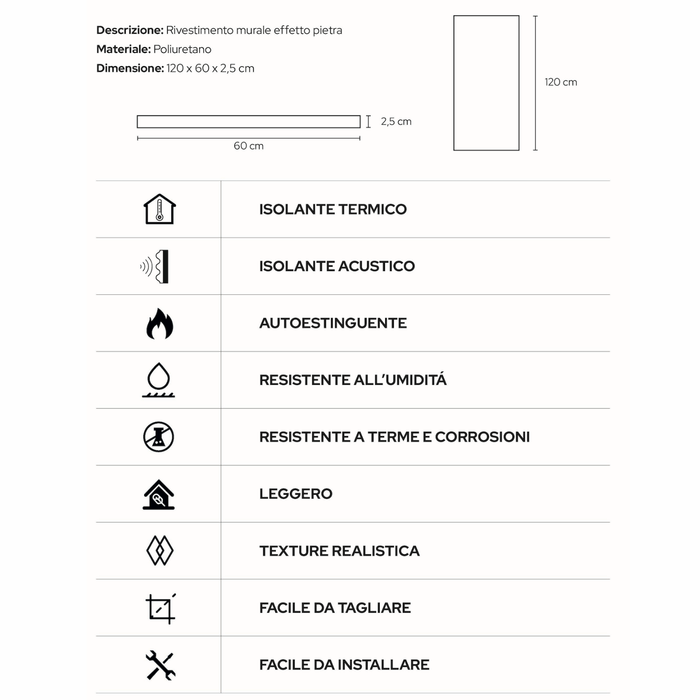 Set 4 pezzi Pannelli a muro 3D in poliuretano effetto pietra 120x60x2,5 cm resistente umidità