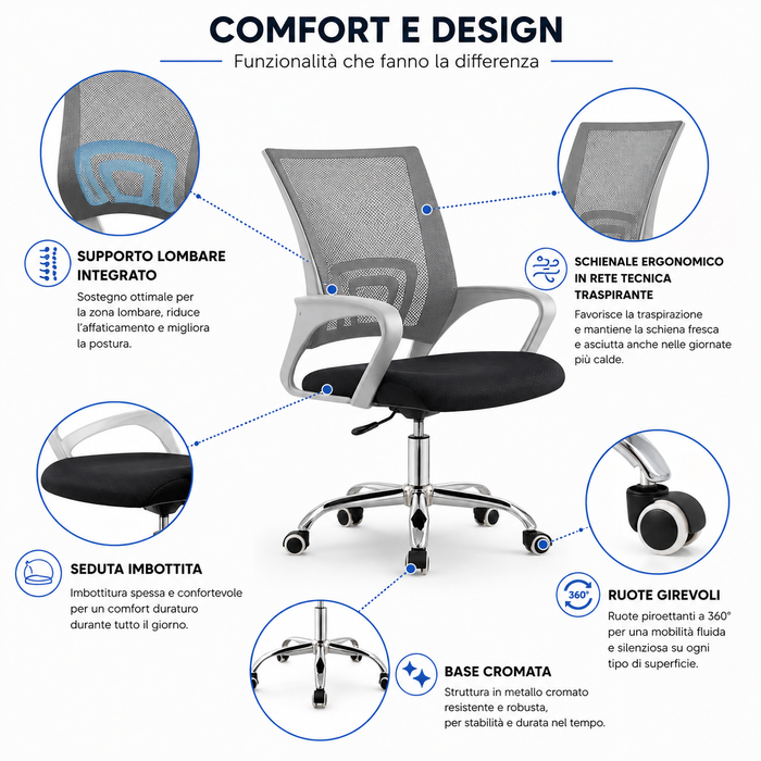 Sedia Ufficio Ergonomica con Schienale in Rete Traspirante, Seduta Imbottita in Tessuto Altezza Regolabile Base Cromata