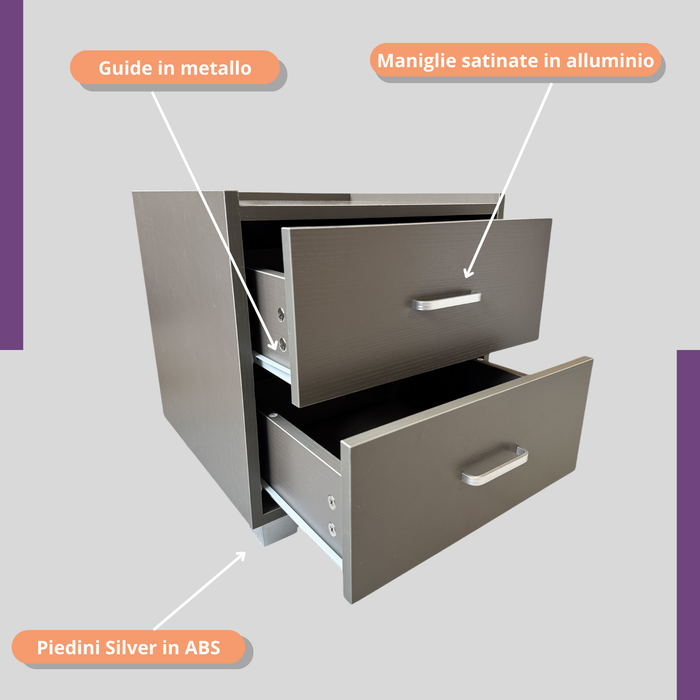 Comodino in Legno Melaminico con 2 Cassetti e Guide in Metallo, Maniglie in Alluminio Satinato