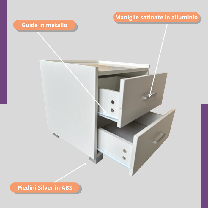 Comodino in Legno Melaminico con 2 Cassetti e Guide in Metallo, Maniglie in Alluminio Satinato