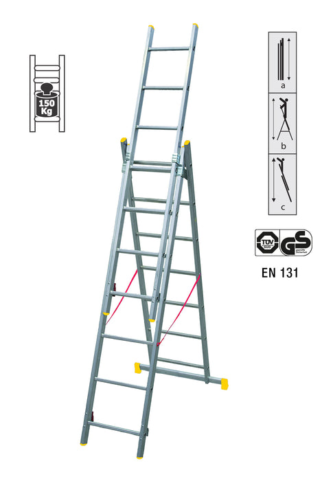 Scala Trasformabile tripla 3 Elementi da 7 a 11 Gradini fino a 8 metri di altezza con barra stabilizzatrice