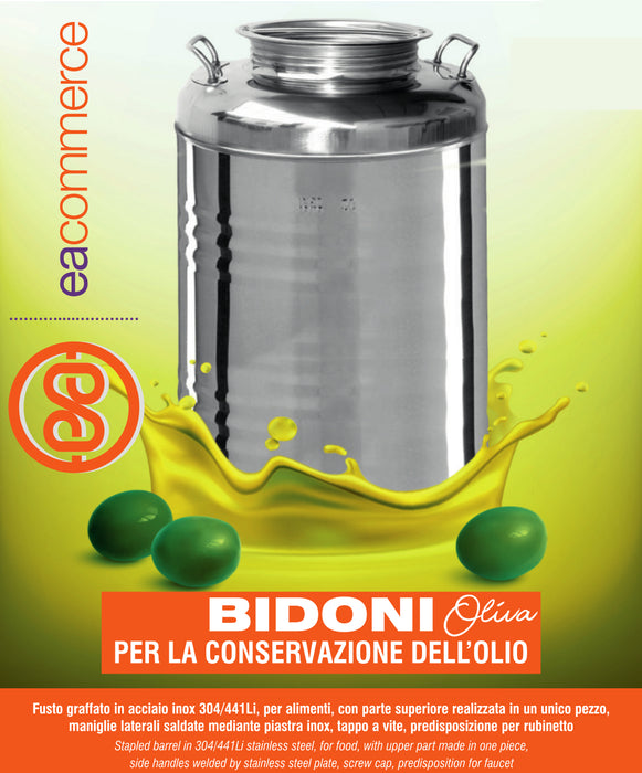 Contenitore Bidone Fusto In Acciaio Inox per Olio 15/30/50 Litri con Rubinetto Incluso
