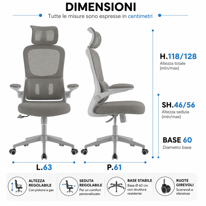 Sedia Scrivania Ufficio Ergonomica Poggiatesta Regolabile Schienale in Rete Traspirante seduta imbottita Supporto lombare