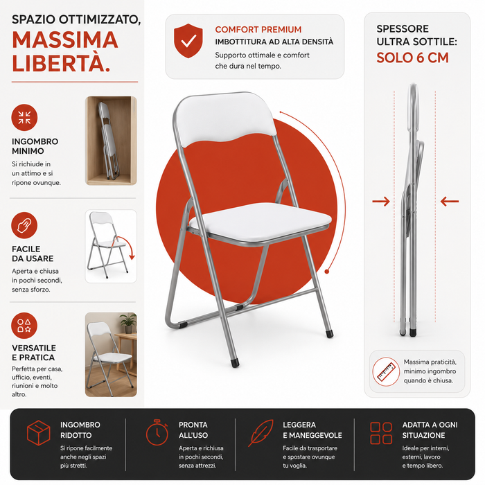 Set 6 Sedie Pieghevoli Richiudibili Apri e chiudi imbottite Salvaspazio in Acciaio