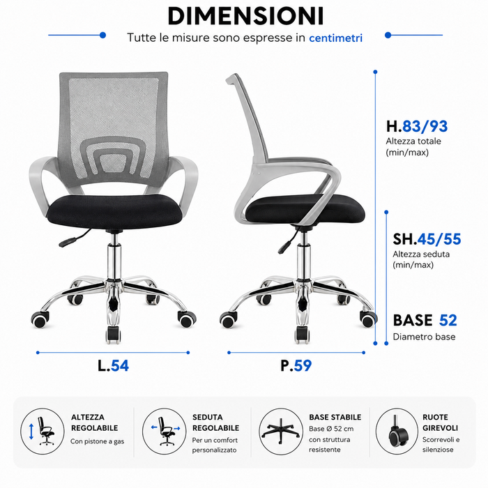 Sedia Ufficio Ergonomica con Schienale in Rete Traspirante, Seduta Imbottita in Tessuto Altezza Regolabile Base Cromata