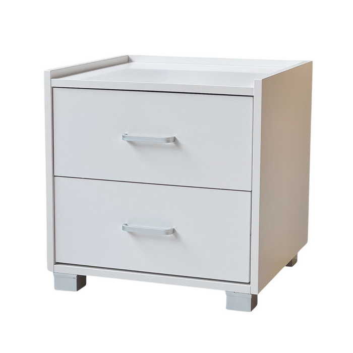 Comodino in Legno Melaminico con 2 Cassetti e Guide in Metallo, Maniglie in Alluminio Satinato