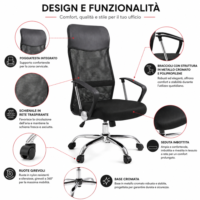 Sedia da Scrivania Ufficio ergonomica direzionale imbottita Schienale a rete Nera Altezza regolabile
