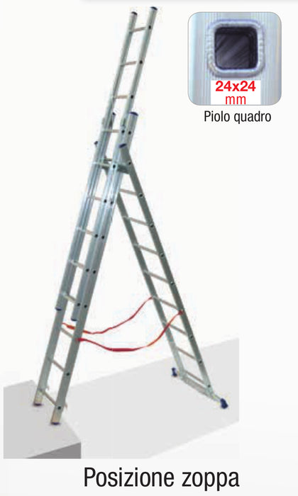 Scala Trasformabile tripla 3 Elementi da 7 a 11 Gradini fino a 8 metri di altezza con barra stabilizzatrice