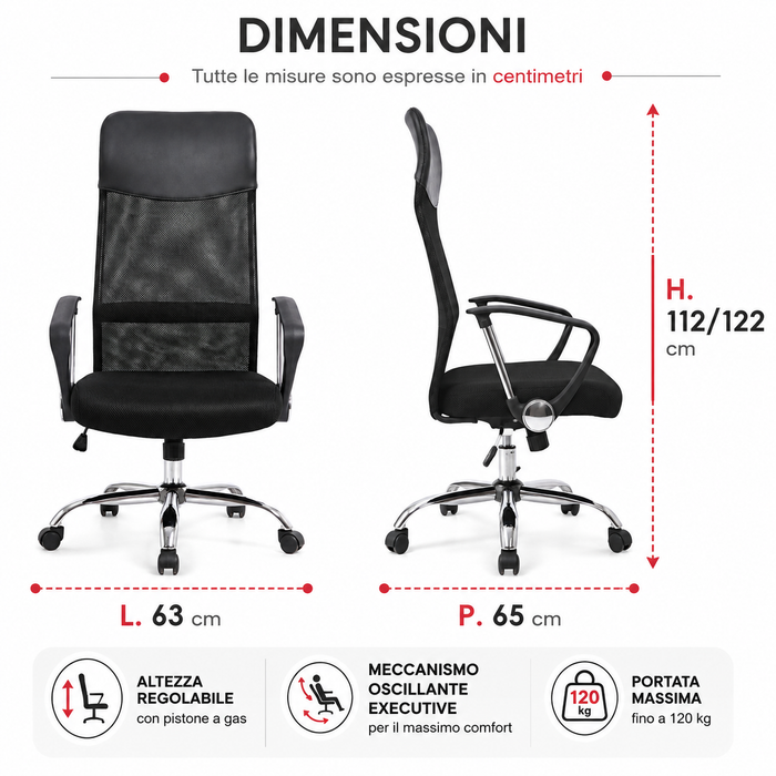 Sedia da Scrivania Ufficio ergonomica direzionale imbottita Schienale a rete Nera Altezza regolabile