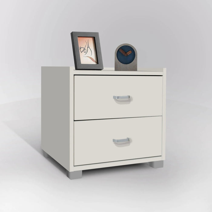 Comodino in Legno Melaminico con 2 Cassetti e Guide in Metallo, Maniglie in Alluminio Satinato