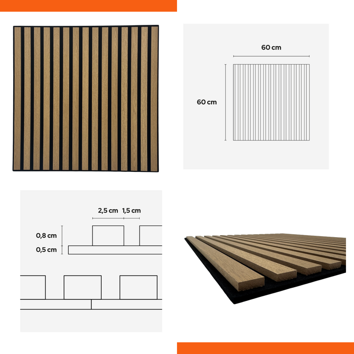 Pannello Fonoassorbente, Doghe in MDF, 60x60 cm, Rivestimento murale Isolamento acustico