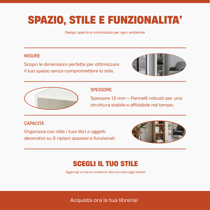 Libreria Scaffale con Ripiani Moderna Salvaspazio Design Aperto in Legno Resistente Stabile Antiribaltamento Casa Ufficio