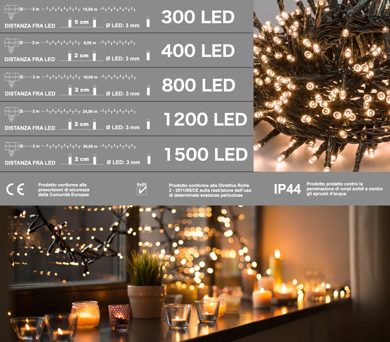Serie Luci Natale 800 Micro Led Luce Calda Giochi Luce Filo 18 mt Uso Esterno D3319