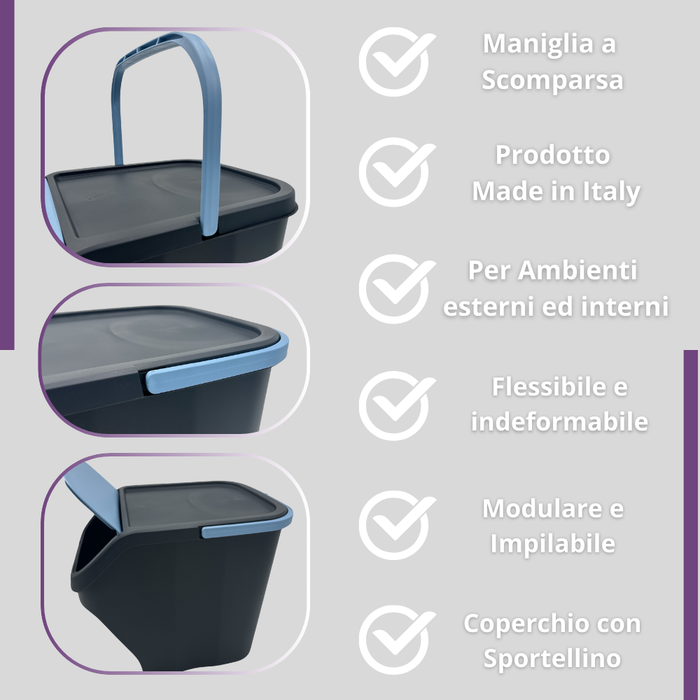 Pattumiera Contenitore 25 Litri Modulare con Maniglia Bidone Raccolta Differenziata