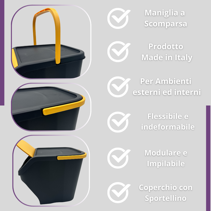 Pattumiera Contenitore 25 Litri Modulare con Maniglia Bidone Raccolta Differenziata