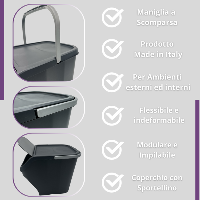 Pattumiera Contenitore 25 Litri Modulare con Maniglia Bidone Raccolta Differenziata