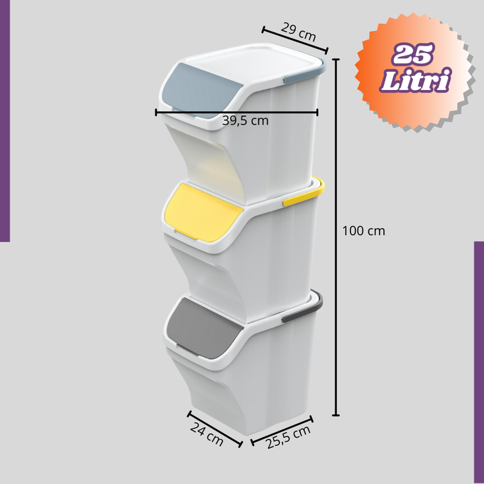 Pattumiera Contenitore 25 Litri Modulare con Maniglia Bidone Raccolta Differenziata