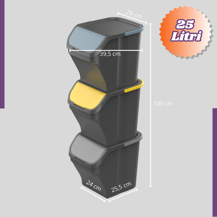 Pattumiera Contenitore 25 Litri Modulare con Maniglia Bidone Raccolta Differenziata