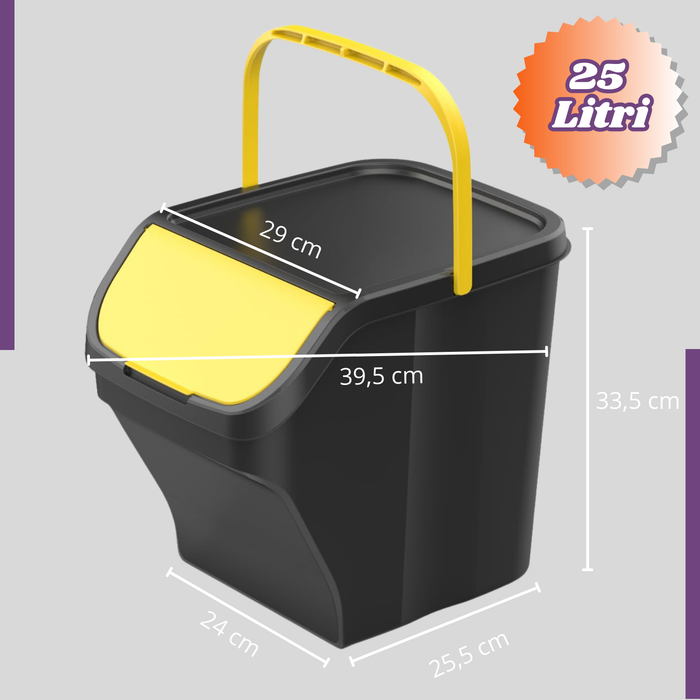 Pattumiera Contenitore 25 Litri Modulare con Maniglia Bidone Raccolta Differenziata