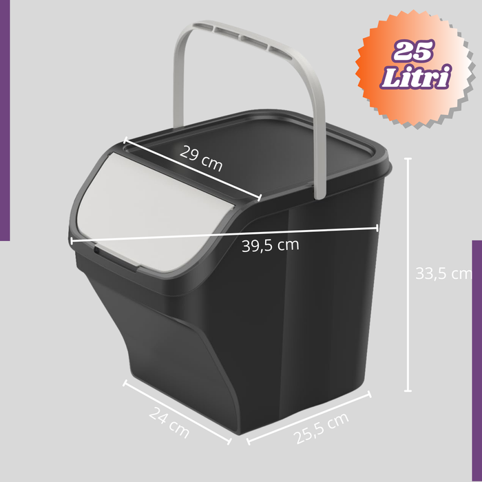 Pattumiera Contenitore 25 Litri Modulare con Maniglia Bidone Raccolta Differenziata