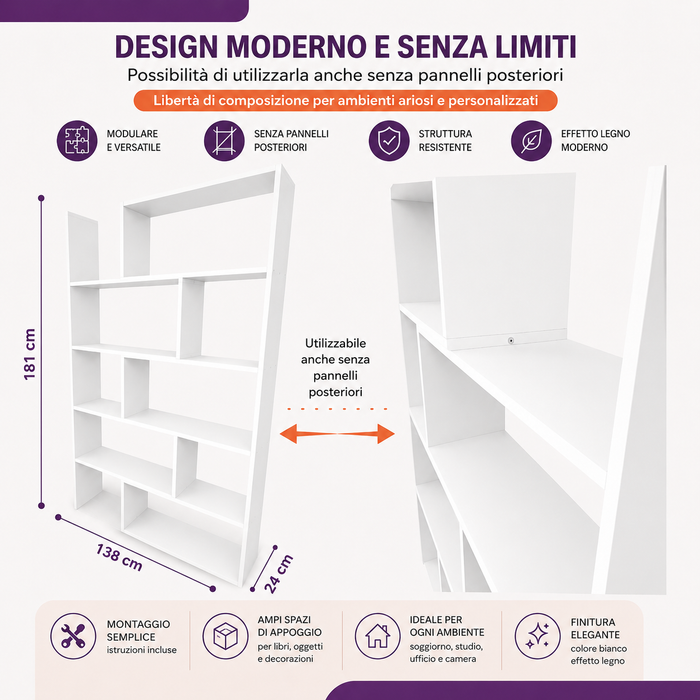 Libreria in Legno Estensibile colore Bianco Caldo 71,8/138,2x24x181H cm