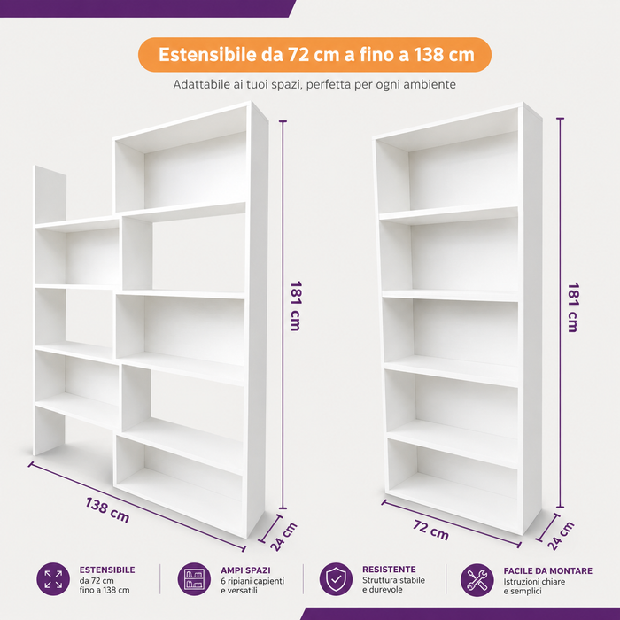 Libreria in Legno Estensibile colore Bianco Caldo 71,8/138,2x24x181H cm