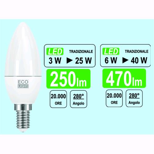 Lampadine Ecolight Led Oliva - E14 - 5,6 Watt - 6400 K - Luce Fredda - Lumen 520