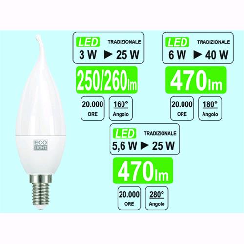 Lampadine Ecolight Led Colpo di Vento - E14 - 5,6 Watt - 6400 K - Luce Fredda - Lumen 520