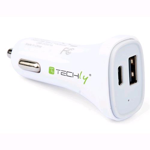 Techly Caricatore da Auto USB-C a 2 porte 1A&3A Bianco