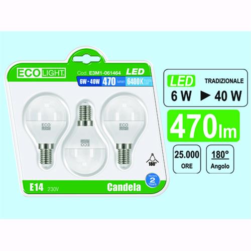 LAMPADINE ECOLIGHT LED E14 M/GL.  6W 3000K CF3PZ
