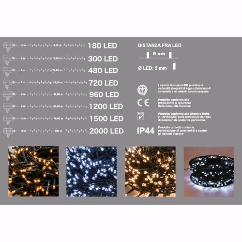Serie Luci Natale 180 Led Bianco Ghiaccio Giochi Luce 11 mt Uso Esterno D1966
